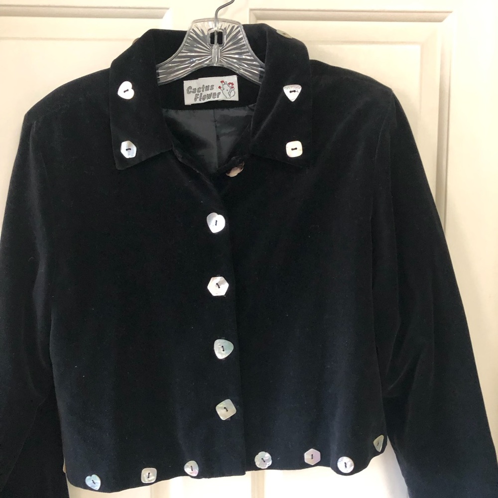 Black Velvet Jacket Cactus Flower! Sz SM
